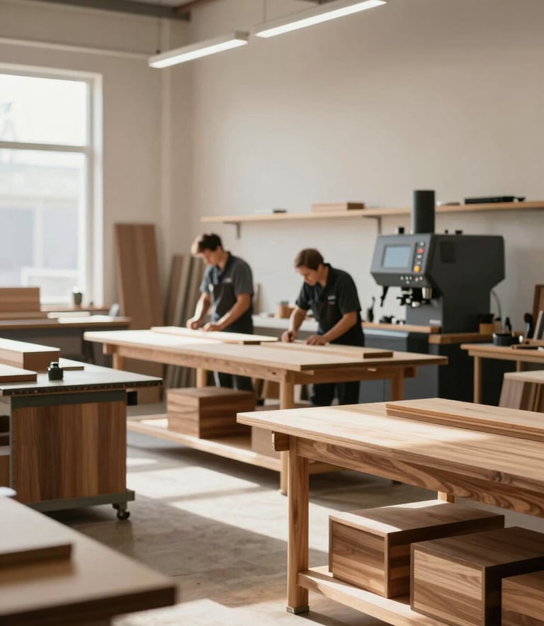 A wide, cinematic shot of a modern cabinetry workshop. Sunlight streams onto workbenches where skilled artisans work with premium wood materials (#4A433A). The environment is clean, professional, and organized, reflecting 30 years of expertise and a commitment to quality. Colors include #F7F4EF walls and dark #262626 machinery accents.