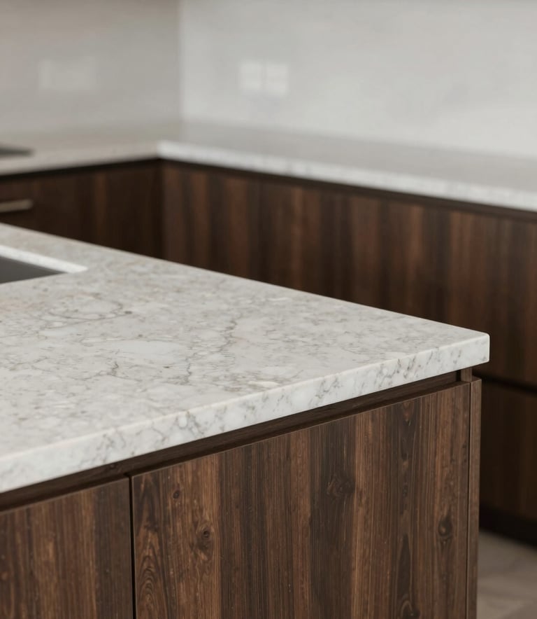 A close-up, high-angle shot of a custom-built kitchen island corner. The craftsmanship shows seamless joins in high-end quartz countertops and dark wood cabinetry (#4A433A). The lighting is soft and professional, highlighting a sophisticated and trustworthy mood with neutral tones of #F7F4EF in the background.