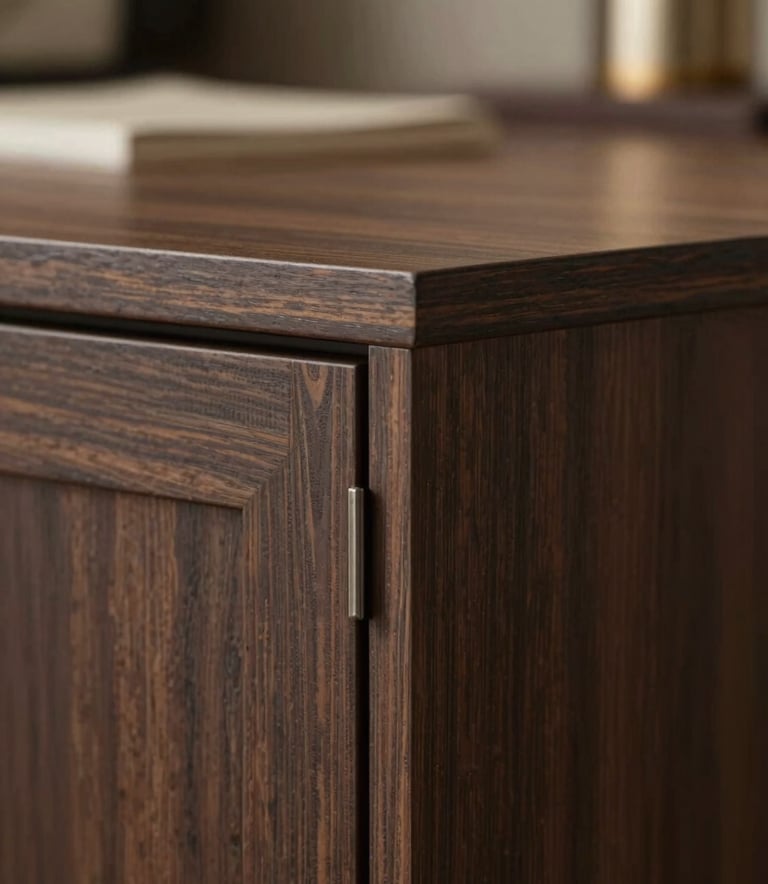 Close-up of high-quality custom cabinetry details. Focus on a perfectly finished corner joint of a dark wood cabinet (#4A433A) with a soft-close mechanism visible. The lighting is warm and emphasizes the texture and professional finish of the material.