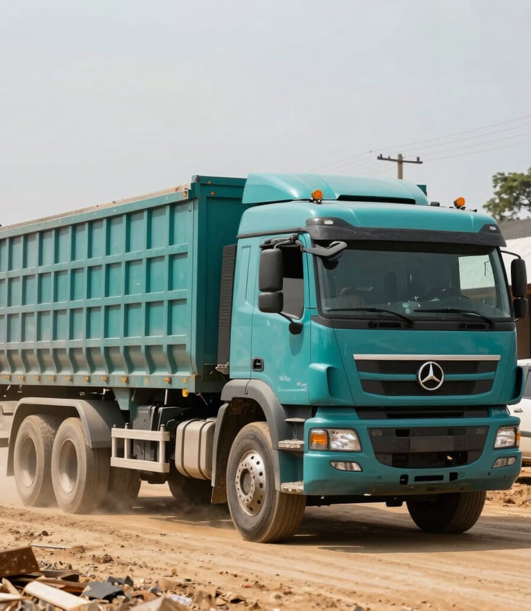 A powerful industrial cargo truck driving through a busy Brazilian construction zone. Professional photography, sharp focus on the robust vehicle, muted teal and sand tones in the background.
