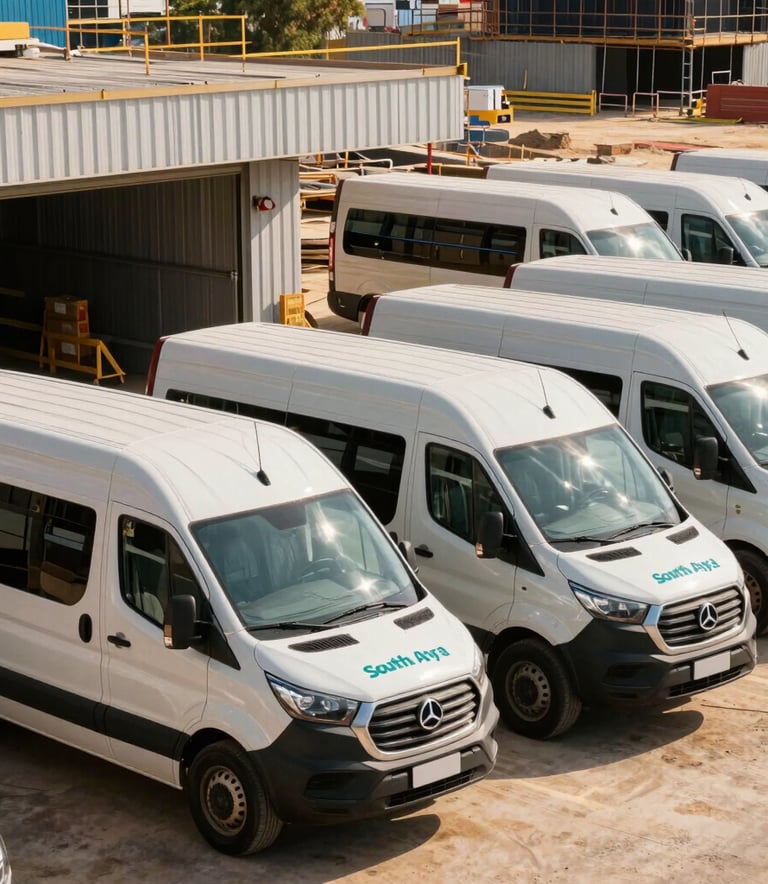 A fleet of modern off-white transport vans parked at the entrance of a major South American construction site, clear morning light reflecting off the steel teal branding, professional and robust atmosphere.