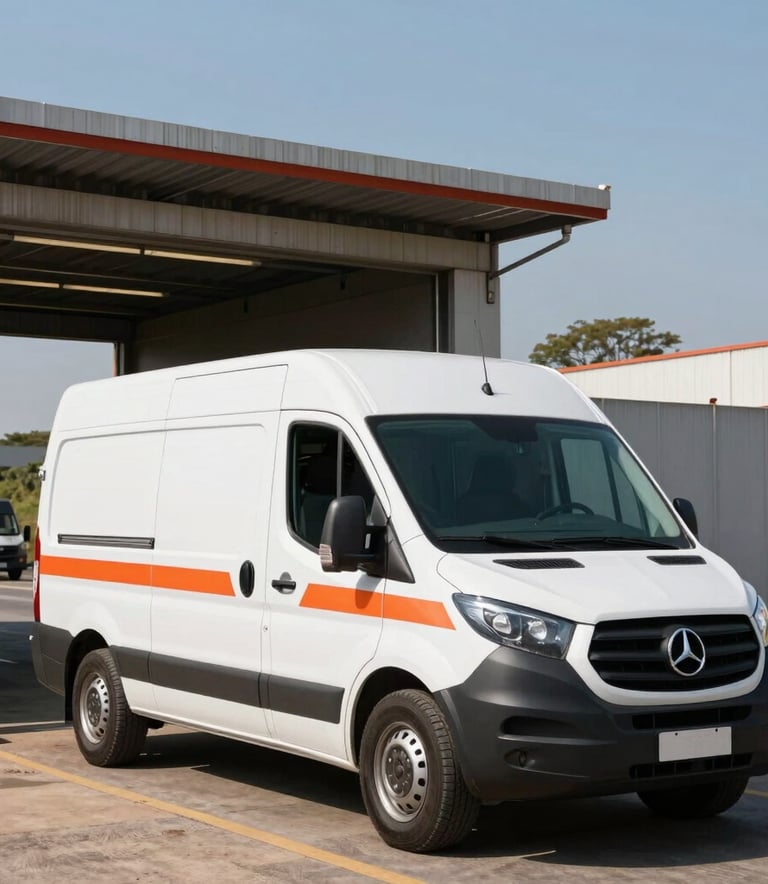 A professional white passenger van with safety stripes parked near a large construction entrance. Clear sky, South American setting, focus on reliability.
