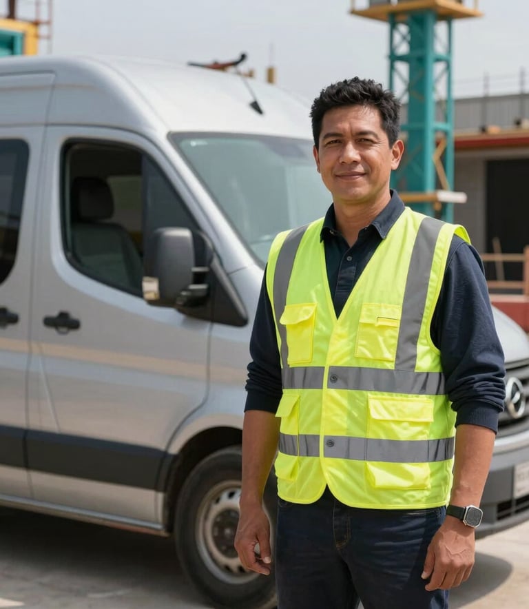 A professional South American driver in a high-visibility safety vest standing proudly next to a modern silver van, bright daylight, construction site background with steel teal equipment.