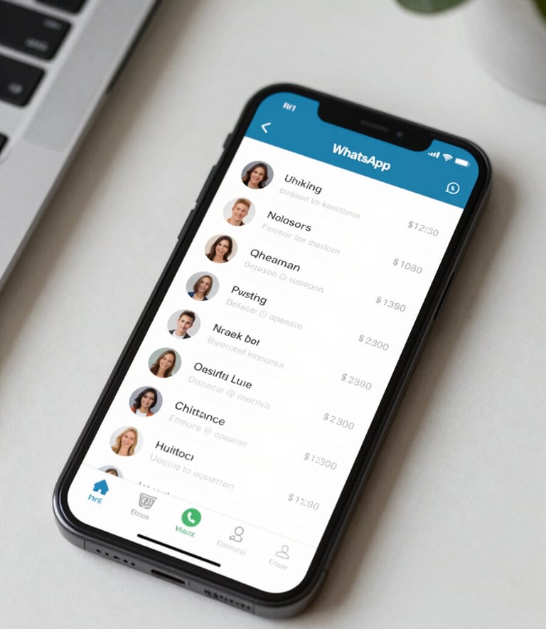 A high-quality, professional photograph of a modern smartphone resting on a clean desk. The screen displays a WhatsApp chat interface with a clear list of products and prices, featuring professional blue accents (#2F738E) and a sleek, intuitive layout.