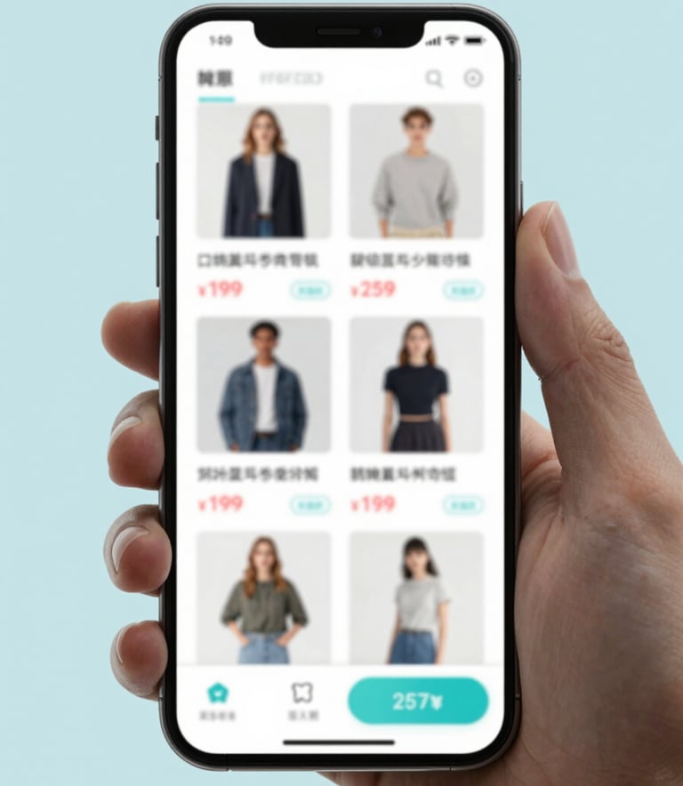 An organized catalog view on a mobile device showing professional product photography with price tags, styled with #F8FBFD and #2F738E colors for a modern e-commerce feel.
