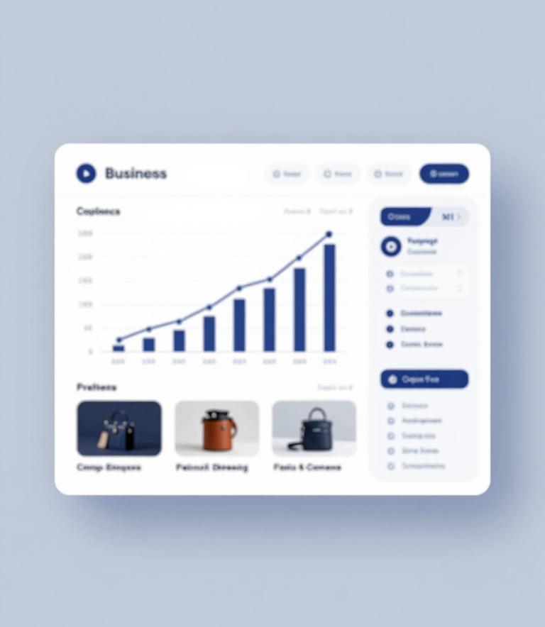 A minimalist and modern digital illustration of a business dashboard showing financial growth charts and product thumbnails. The design uses the brand palette (#0E2A3A, #8DB0BF) and conveys trust and reliability.