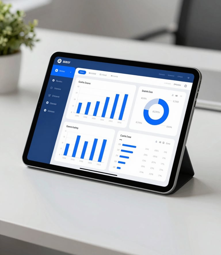 A high-resolution image of a tablet screen displaying a sleek financial dashboard with bar charts and revenue reports, using #8DB0BF and #0E2A3A accents, set on a professional office desk with a clean, trustworthy atmosphere.