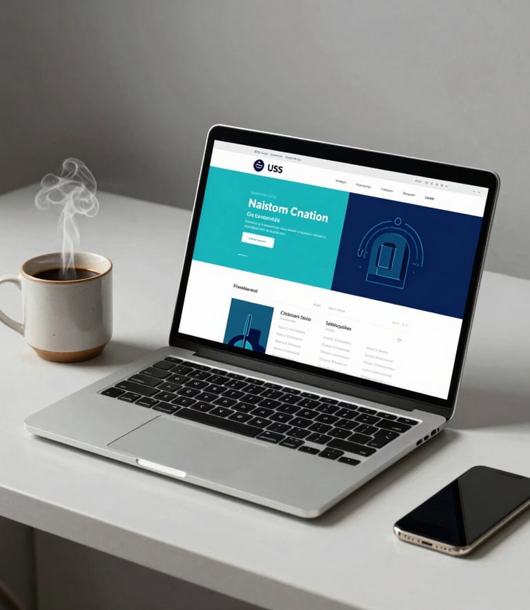 A professional photography shot of a sleek, minimalist workspace in a North American / US office. A high-end laptop displays a vibrant website layout in Turquoise Blue and Navy Blue. Beside it, a ceramic mug of steaming coffee provides a cozy touch.