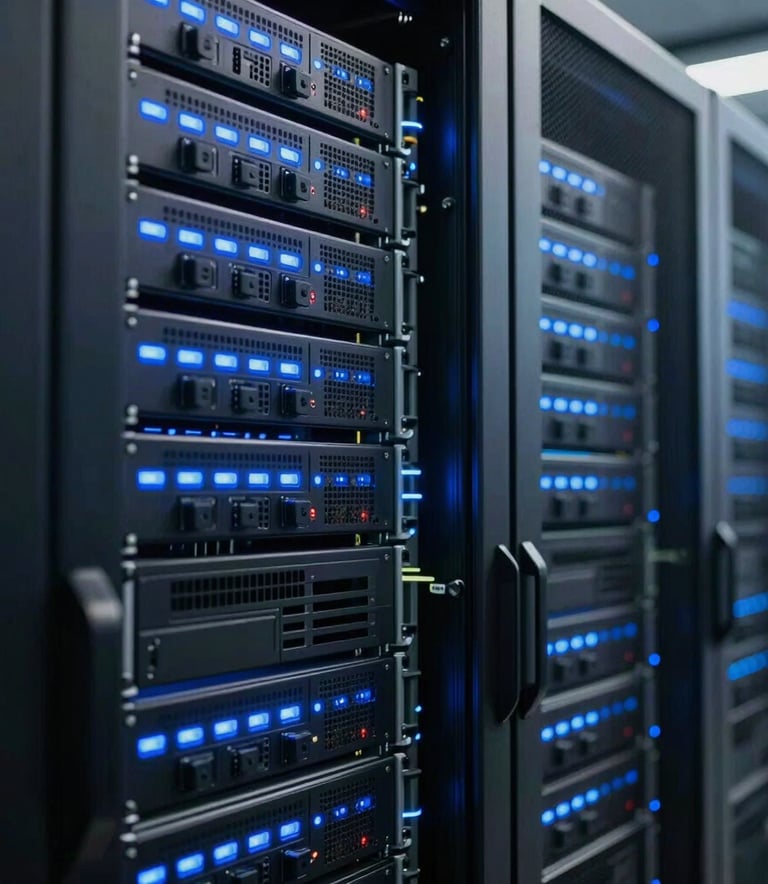 A detailed close-up of a modern server room with soft blue neon indicator lights. The perspective is from eye-level, showing the depth and scale of the technology. The lighting is sophisticated, reflecting a cutting-edge infrastructure environment in a North American / US data center.