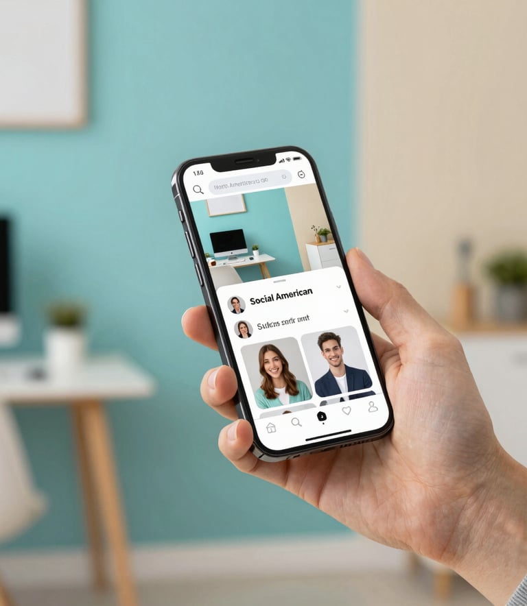 A clean and active North American / US studio shot of a hand holding a modern smartphone showing social media integration, with a blurred background of a cozy office featuring Turquoise Blue and Crisp Parchment accents.