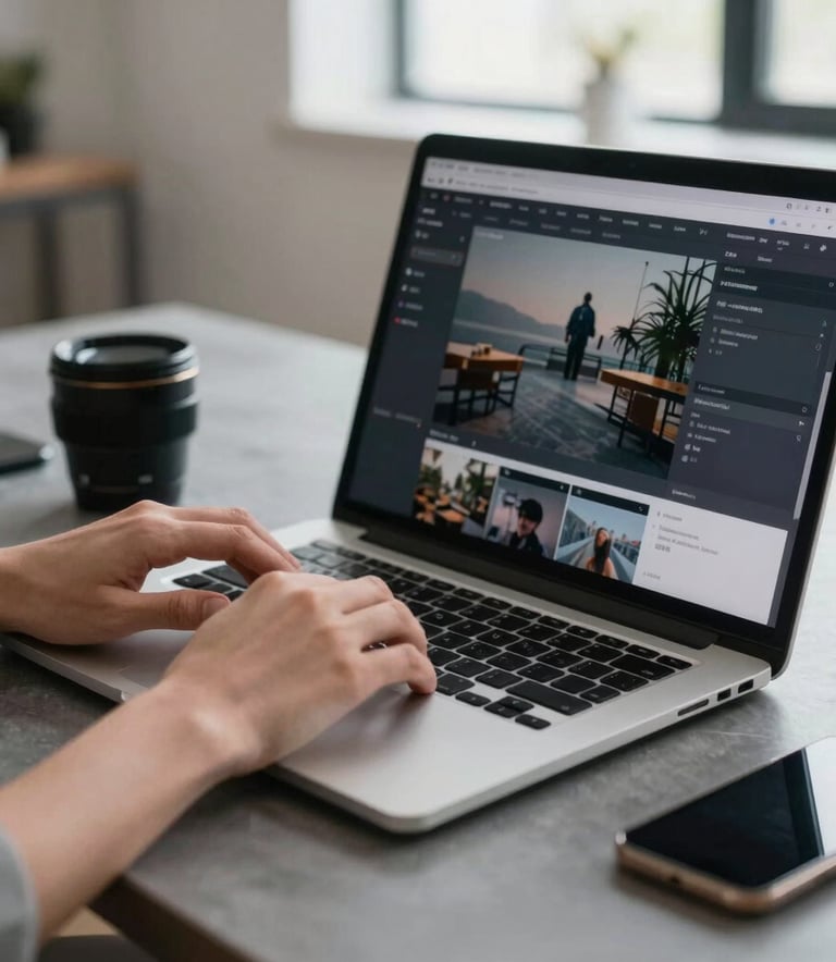 Close-up photography of a designer's hands typing on a laptop with a high-resolution screen in a bright North American / US loft, focusing on the sophisticated texture of a Slate Grey desk and tech gear.