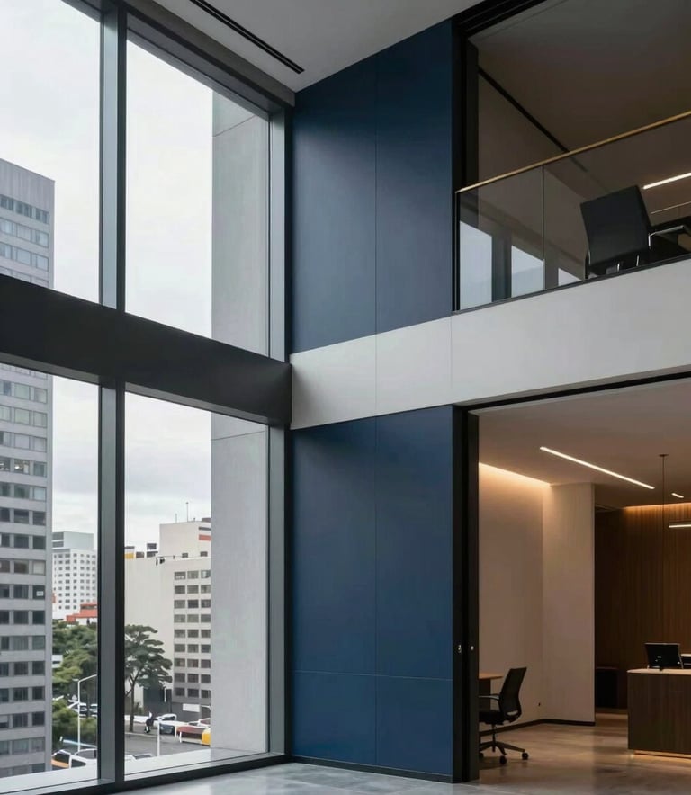 A high-end, minimalist corporate office interior in a South American / Brazilian city, featuring large glass windows, clean lines, and a professional atmosphere with subtle accents of dark blue and gold lighting.