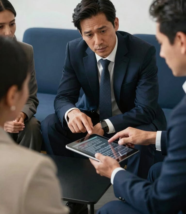 Close-up of South American professionals in formal business attire discussing a strategic plan over a tablet. Minimalist workspace with black and dark blue furniture. Soft natural light, high-end corporate lifestyle photography.