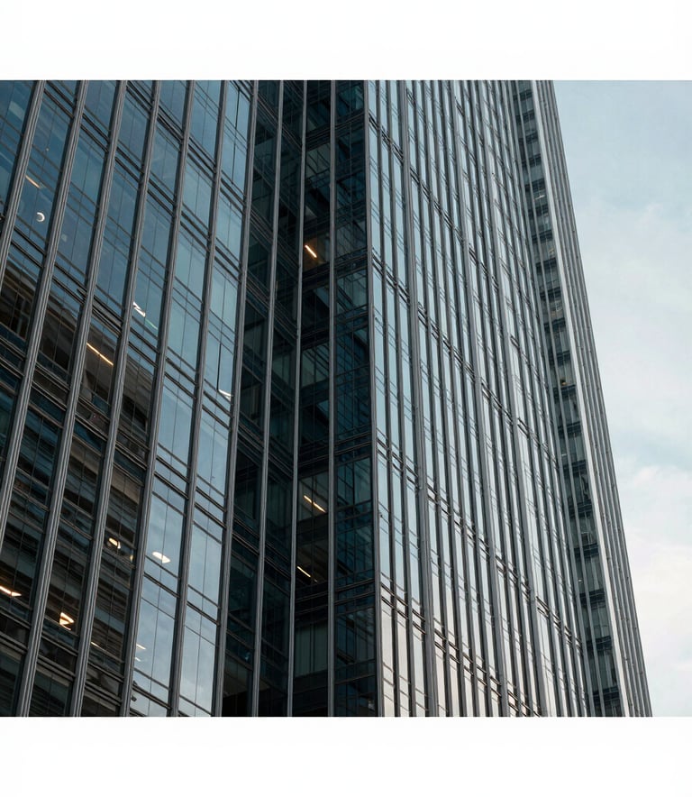 Abstract shot of a modern architectural building in a South American business district. Glass and steel structure reflecting a clear sky. Sophisticated, authoritative, and stable feel. Professional architectural photography.