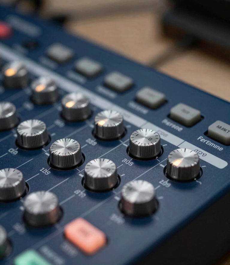 Close-up photography of a high-end color grading control surface with illuminated dials and buttons. The background is a blurred European studio setting with deep navy blue tones and soft muted silver reflections.