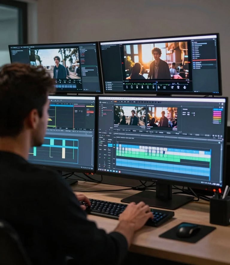 A professional video editor working in a modern Lisbon studio. The composition shows the silhouette of the editor against several glowing monitors displaying complex video editing timelines and cinematic footage. The atmosphere is professional and cutting-edge.