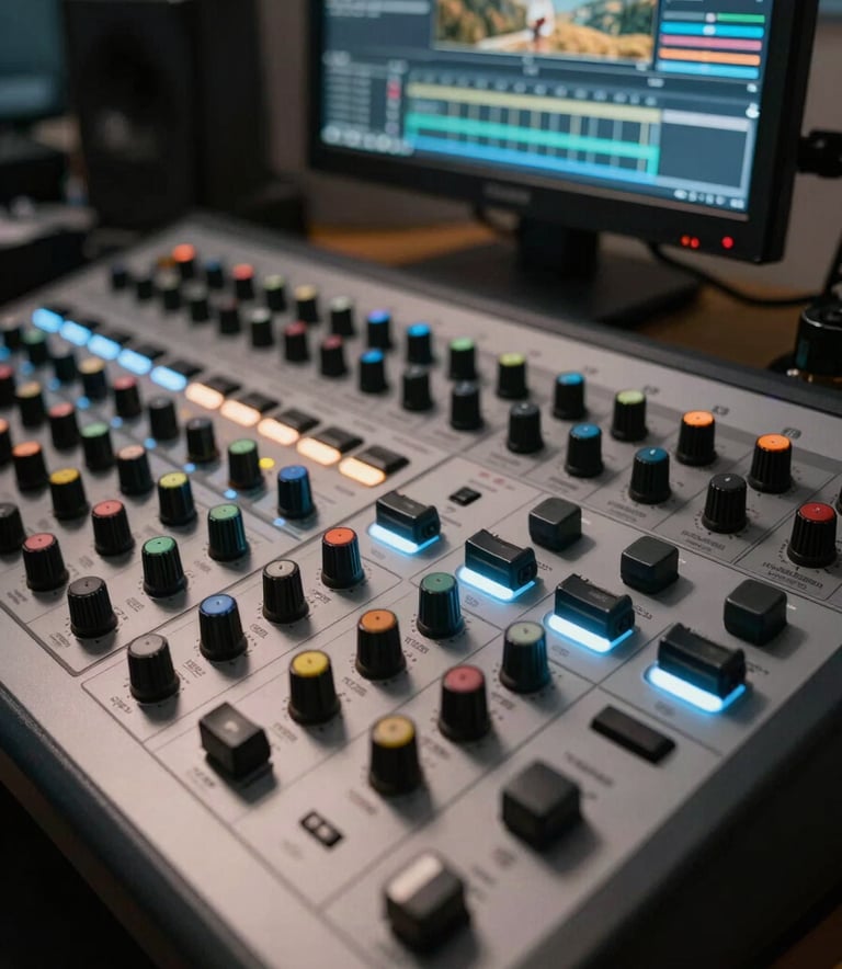 A close-up photograph of a professional color grading control surface in a dimly lit studio in Portugal. The knobs and trackballs are backlit with a soft muted blue, with a professional monitor in the background showing a cinematic landscape.