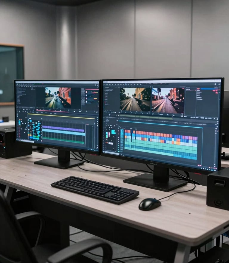 A sophisticated cinematic editing suite in a modern European studio. The room features muted silver walls and professional workstations with multiple large monitors showing video editing timelines. Soft, dramatic lighting creates a professional atmosphere.