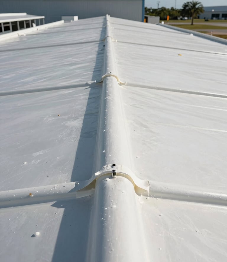 Detailed close-up photography of a perfectly sealed TPO roof seam on a industrial warehouse in Florida, bright sunshine, professional workmanship, North American / Floridian.