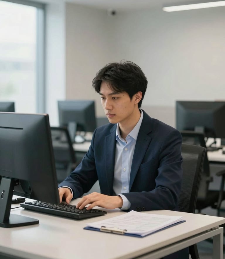 A focused professional working in a modern North American / US corporate office. The environment is clean and efficient, with steel blue and soft off-white accents in the decor. High-end photography, natural lighting, calm atmosphere.