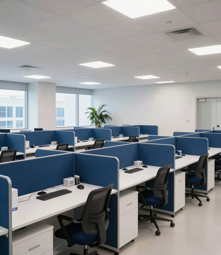 A wide-angle professional photograph of a sophisticated, high-tech North American / US medical administrative headquarters. The open-plan space is bright with pearl white furniture and deep sea blue interior partitions.