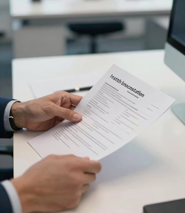 A close-up of a professional in a modern North American / US office, reviewing healthcare documents on a clean desk with soft off-white and medium blue accents, professional and focused atmosphere.