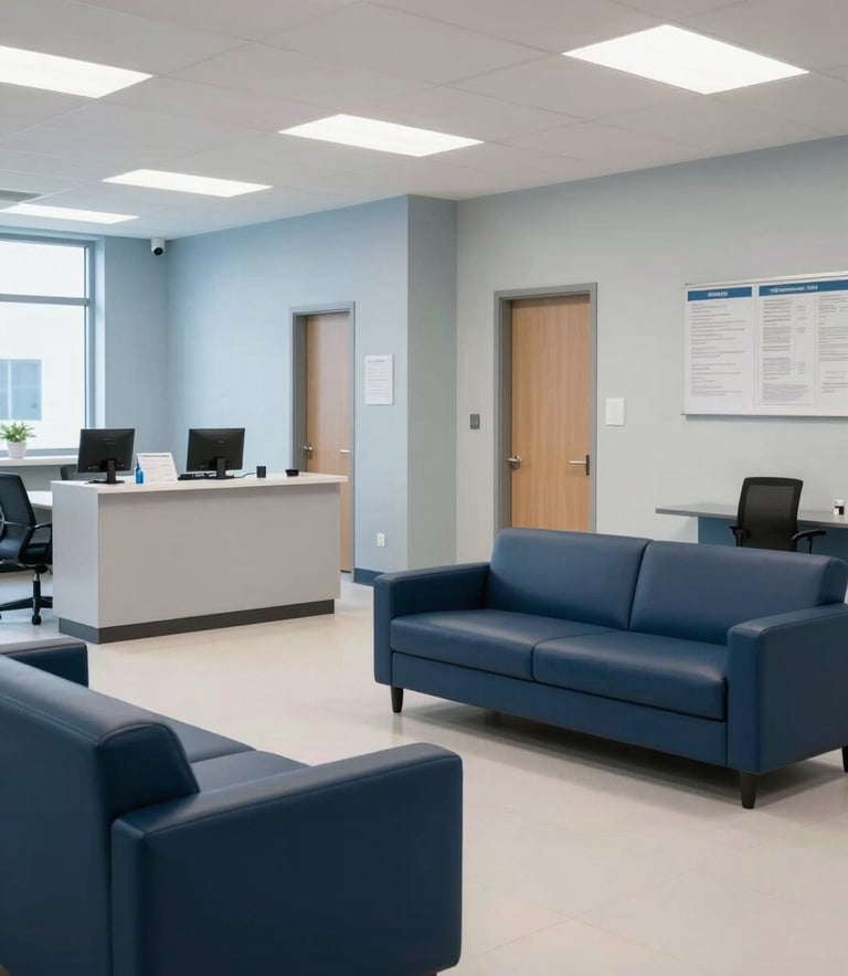 A wide shot of a modern North American / US healthcare administrative center. The scene is bright and professional, featuring pale blue-grey and navy blue furniture. Clean lines and a sense of calm competence prevail.