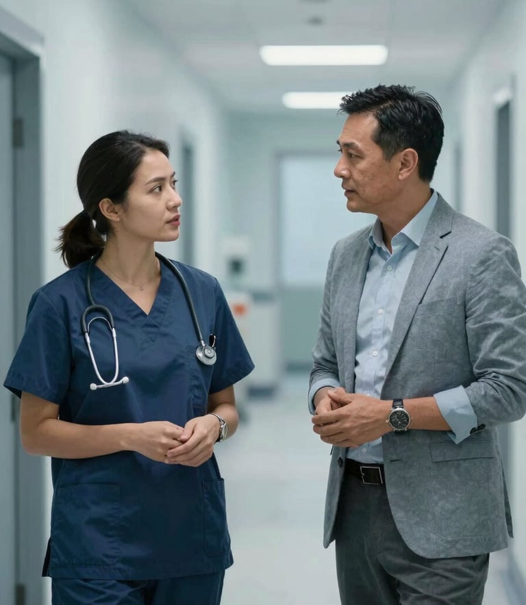 Two healthcare professionals in a North American / US clinic hallway engaged in a brief, professional discussion, wearing business casual attire, soft natural lighting with light blue-grey tones.