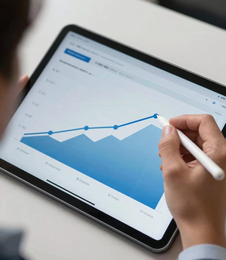 A detailed photography shot of a financial expert's hand using a stylus on a tablet showing revenue performance graphs in a North American / US professional office. The digital dashboard features pale sky blue and deep sea blue accents against a pearl white desk.