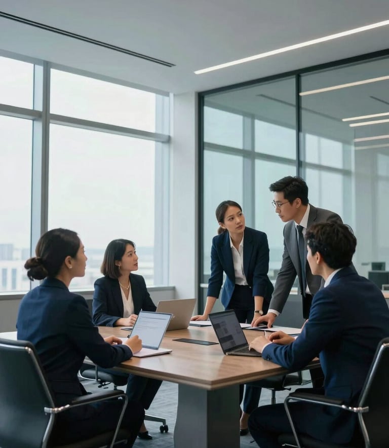 A group of diverse professionals in business casual attire collaborating around a sleek conference table in a modern North American / US corporate office. The room features high ceilings, floor-to-ceiling windows, and a sophisticated color scheme of Dark Navy and Soft Sky Blue accents.
