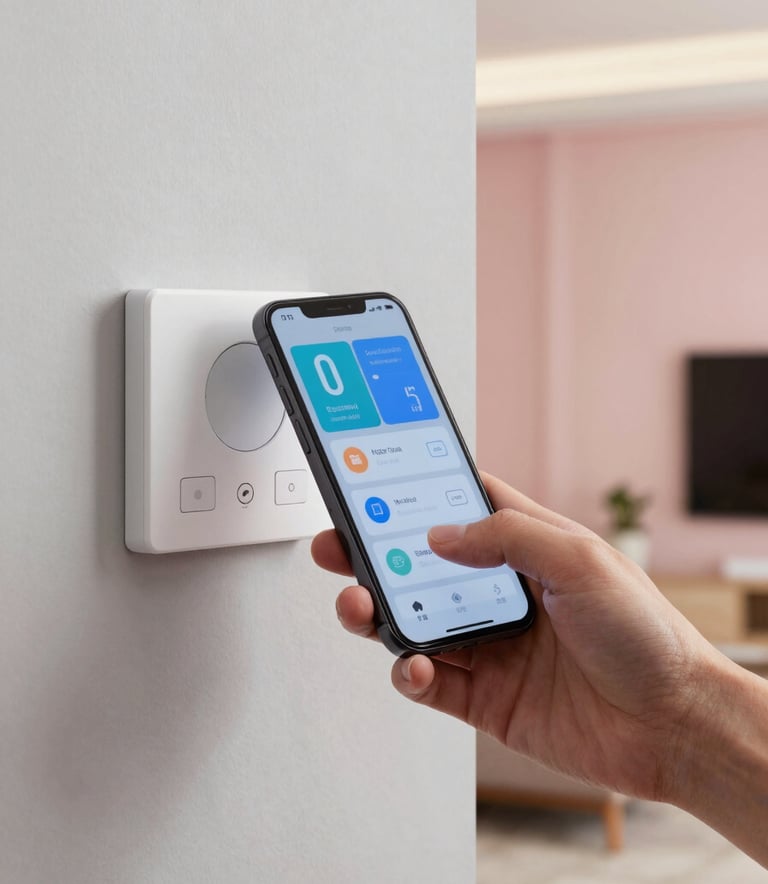 A high-angle detail shot of a hand using a smartphone to control smart home lighting and temperature in a modern South American / Brazilian living room. The room features light greyish white walls and subtle soft blush pink accents. Professional architectural photography with sharp focus and clean lighting.