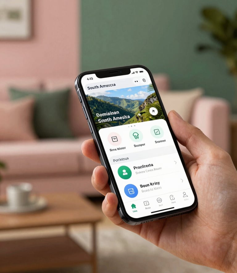 A close-up shot of a smartphone in a hand controlling a smart home application with a sleek interface. In the background, a modern South American / Brazilian living room with Soft Rose Pink and Forest Green accents is visible. The lighting is warm and inviting, highlighting a clean and technological atmosphere.