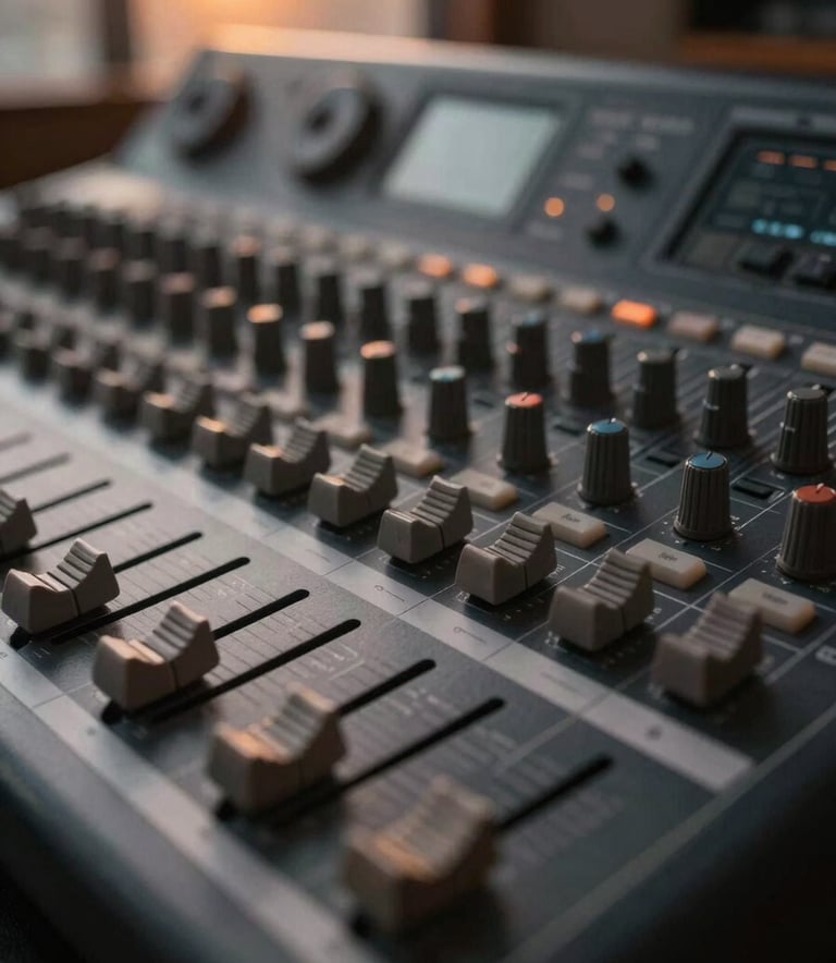 A close-up photograph of a professional audio mixing console in a modern Latin American studio. Soft sunset orange and charcoal grey light illuminates the sliders and buttons. The composition is artistic with a shallow depth of field, emphasizing high-end sound design expertise.