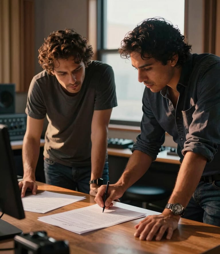 A collaborative session between a film director and a music producer in a professional Latin American studio. They are leaning over a desk with a script, lit by warm natural light and sunset orange accents. The vibe is creative, focused, and professional.