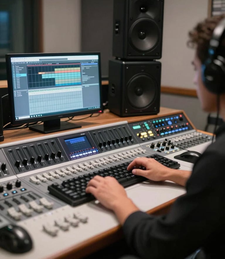 A professional sound engineer working in a modern Latin American studio, focused on a complex digital audio workstation with dual monitors. The scene is lit with soft charcoal and pearl white tones, creating a sophisticated and technical atmosphere. Photography style.