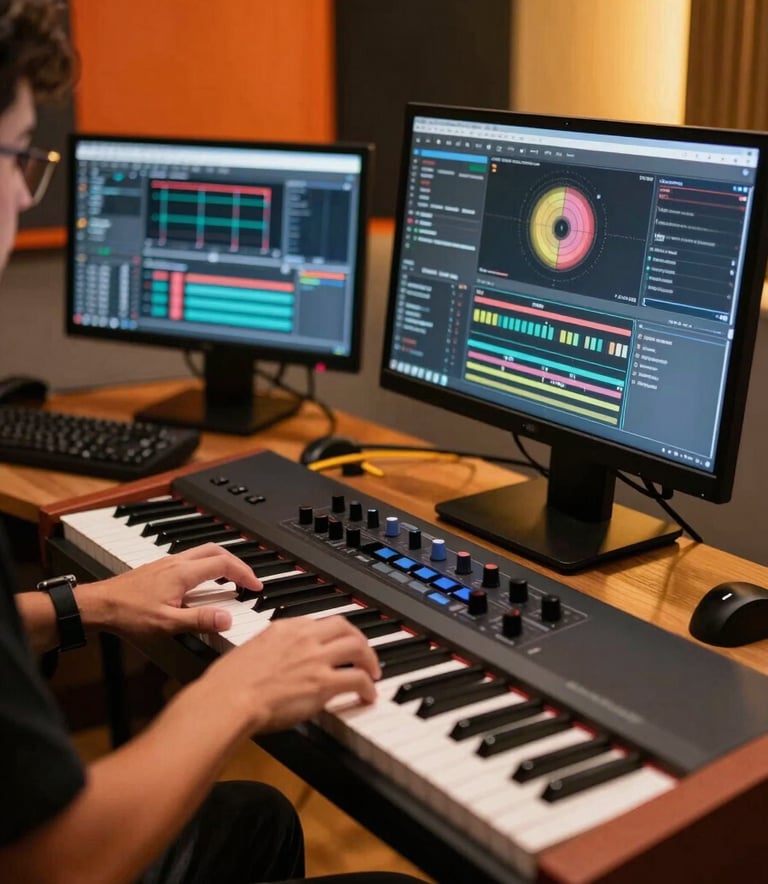 A musical composer in a professional Latin American studio setting, playing a MIDI keyboard surrounded by virtual instrument interfaces on screen. The lighting features vibrant orange and warm gold accents, professional cinematic photography.