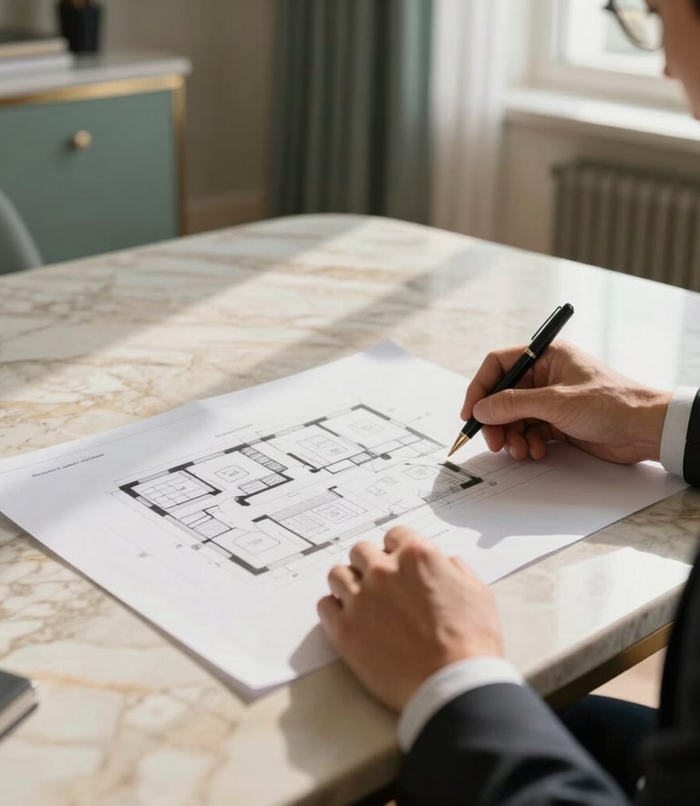 A close-up photograph of a professional meeting in an elegant office on the Italian Riviera / Ligurian Coast. A person is reviewing architectural floor plans on a marble desk. Natural light streams in, highlighting cream beige and muted teal green accents in the decor. Professional and sophisticated atmosphere.