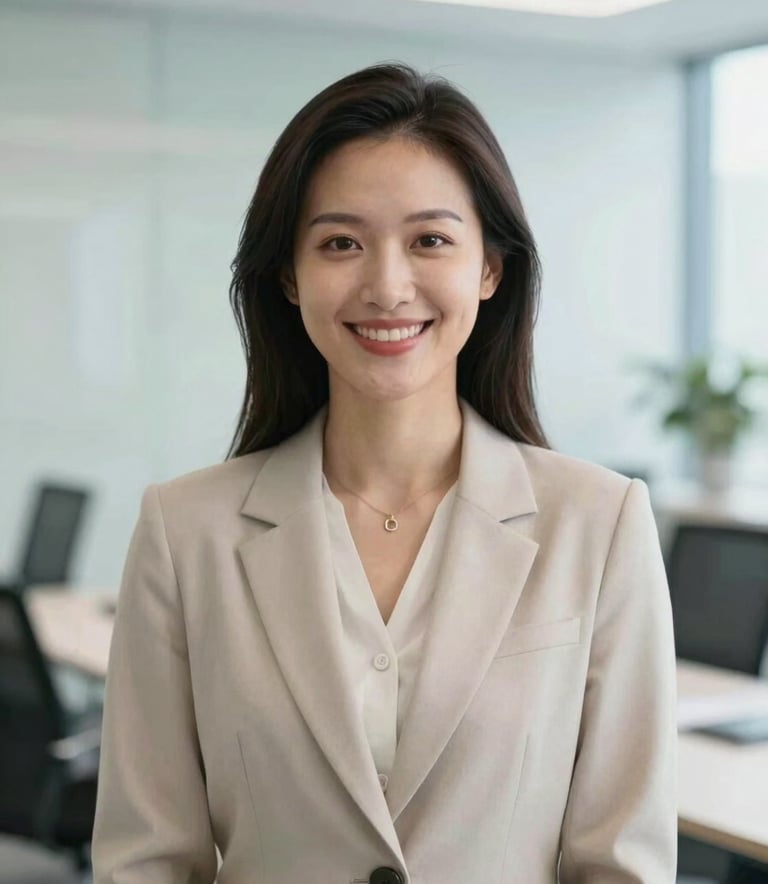A professional photography of a confident career consultant in a bright, modern European office setting. The consultant is looking directly at the camera with a welcoming smile. The background is clean and slightly blurred, featuring soft light blue and off-white tones, reflecting a professional and empowering atmosphere.