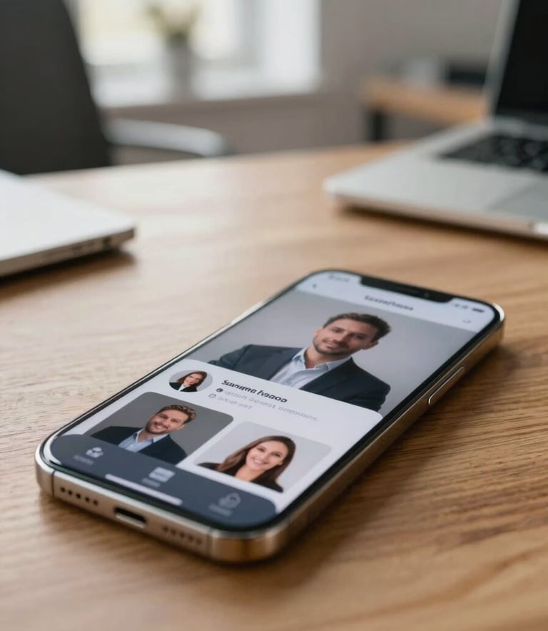 A close-up of a high-end smartphone on a wooden desk showing a professional social media profile, soft morning light in a European office, soft focus background, professional and modern atmosphere.