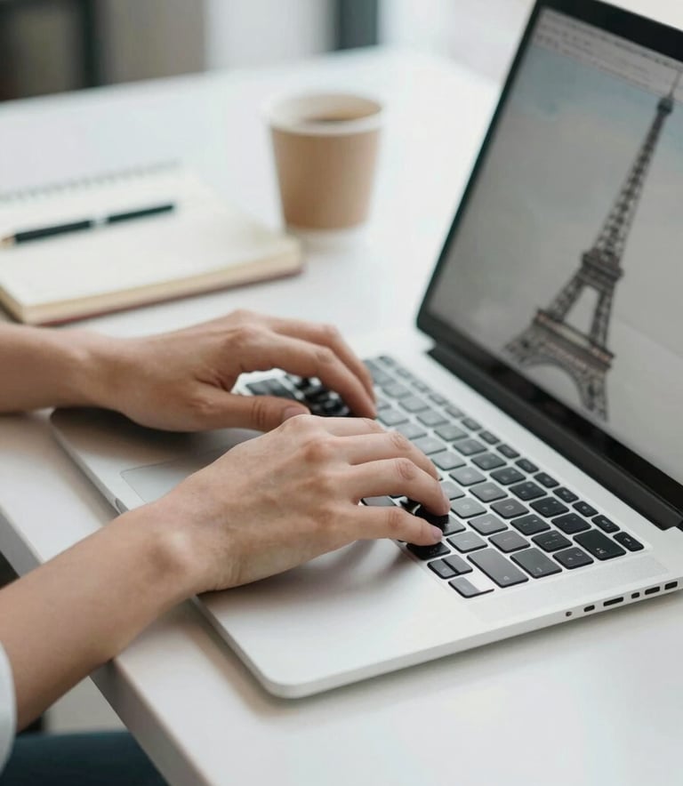 A close-up photograph of hands typing on a sleek laptop in a modern co-working space in Paris. On the side, a well-organized desk with a notebook and a coffee cup. The lighting is natural and bright, with a color palette of soft whites and pale blues, emphasizing a focused and professional environment.
