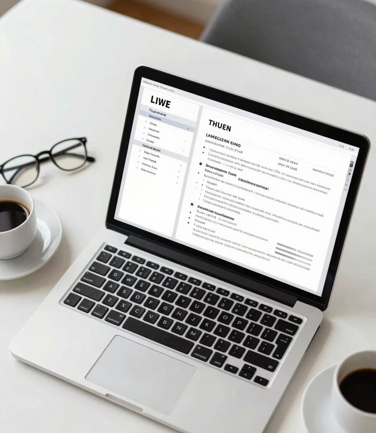 Top-down view of an open laptop on a clean white desk in a French apartment office, a pair of glasses and a cup of coffee nearby, showing a clean resume layout on the screen, bright and airy lighting.
