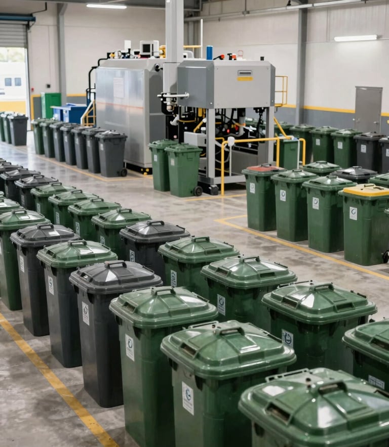 Wide shot of a state-of-the-art waste management center in Latin America. The environment is impeccably clean with organized bins in charcoal and forest green. Modern machinery is visible in a sober, professional atmosphere with soft lighting.