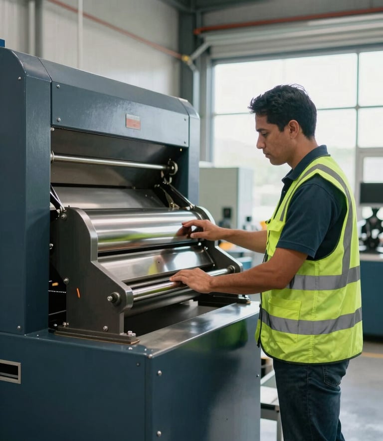 A professional Latin American specialist wearing a forest green safety vest inspecting a large industrial shredding machine. The setting is a clean, modern facility with charcoal and navy steel structures, bright natural lighting, and a focus on efficiency and safety.