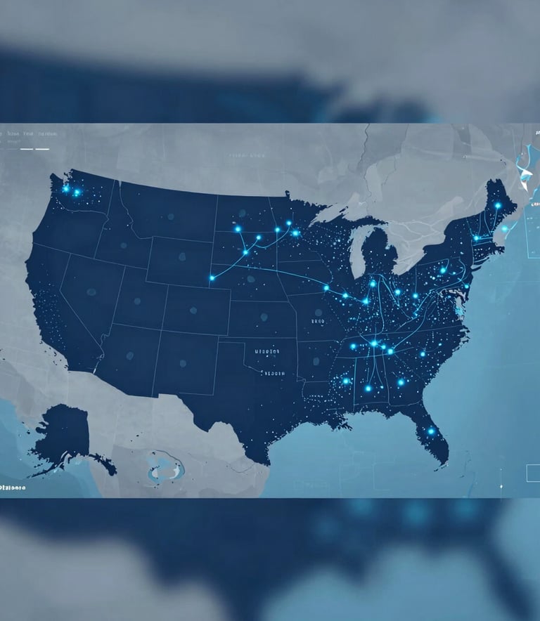 A high-tech digital map of the United States with glowing blue data points and lines representing freight routes, clean and modern aesthetic, incorporating #2A629A and #7BA0C6, professional logistics visualization.