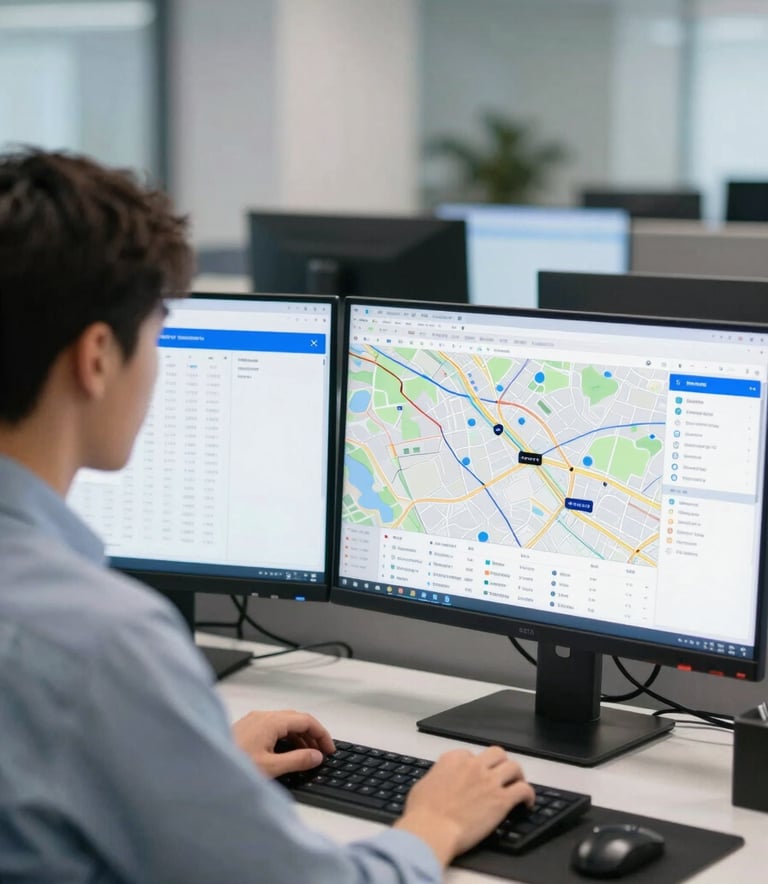 A professional logistics dispatcher in a modern, clean office environment, focusing on multiple high-resolution computer monitors displaying route maps and freight data. The scene uses a professional color palette with #2A629A blue accents in the office decor and soft, efficient lighting.