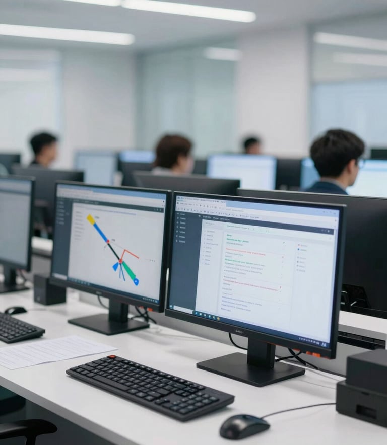 A professional dispatch center environment with clean white desks and high-definition monitors displaying logistics software and traffic data, bright and modern lighting, reflecting efficiency and precision.