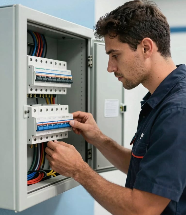 Professional South American / Brazilian electrician in a dark navy uniform examining a modern circuit breaker panel. Clean utility room setting, light blue accents, sharp professional photography style with bright lighting.
