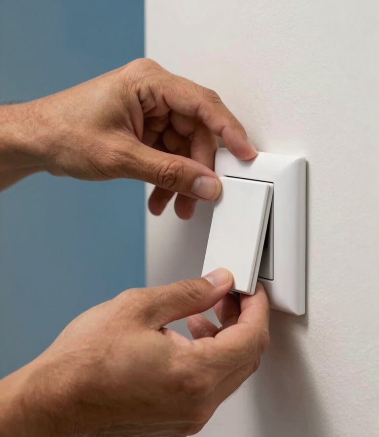 Close-up photography of professional hands installing a sleek, modern light switch in a South American / Brazilian home. Sharp focus on the precision, soft medium blue and off-white tones in the background, bright natural lighting.