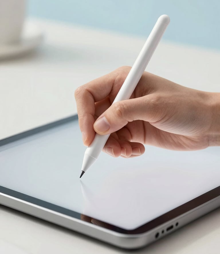 A close-up photograph of a designer's hand using a high-tech stylus on a tablet in a bright, clean North American studio. The color palette features light blue and off white, emphasizing a clean and innovative design process.