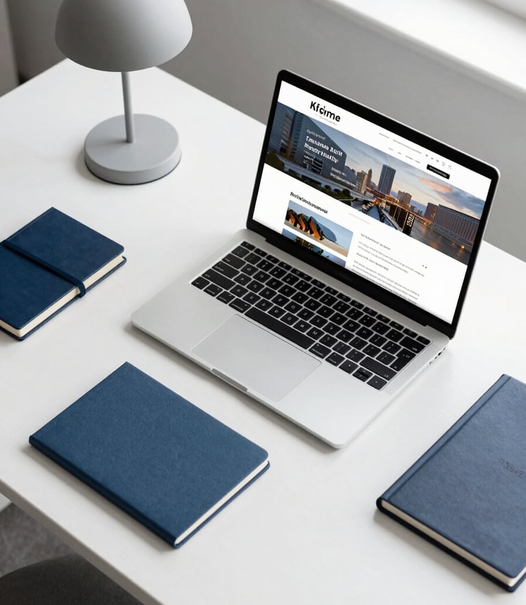 A top-down professional photography shot of a sleek, modern workstation in a bright North American office. A high-end laptop displays a sophisticated website layout. The desk is organized with a steel blue notebook and a minimalist lamp, surrounded by soft gray and navy blue accents.